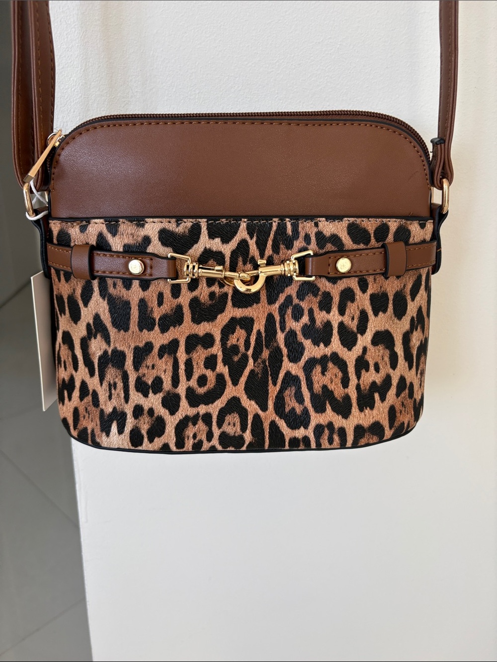 Leopard Print Crossbody with Brown Leather Accents and Gold Hardware